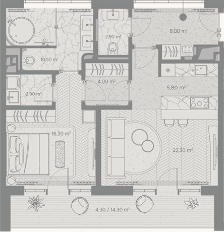 Планировка: 1-к, 72,7 м²