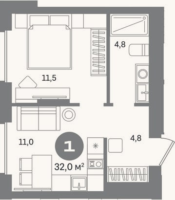Планировка: 1-к, 32 м²