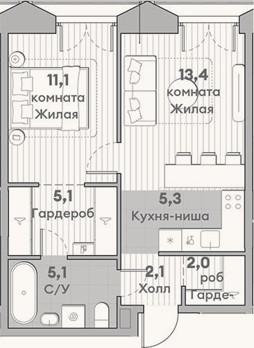 Планировка: 2-к, 44,1 м²