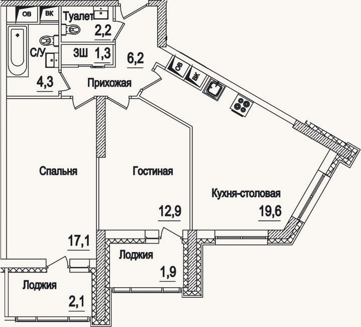 Планировка: 3-к, 63,6 м²