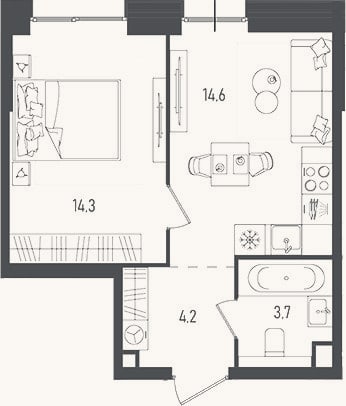 Планировка: 1-к, 36,8 м²