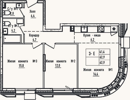 Планировка: 3-к, 62,9 м²
