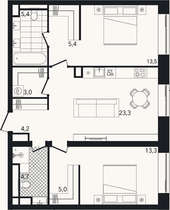 Планировка: 3-к, 77,8 м²