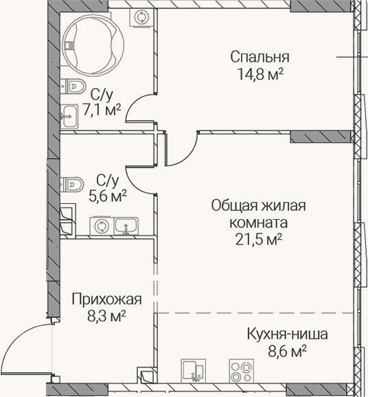 Планировка: 2-к, 65,9 м²