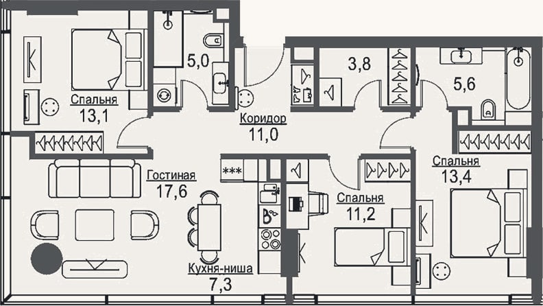 Планировка: 4+ к, 88,2 м²