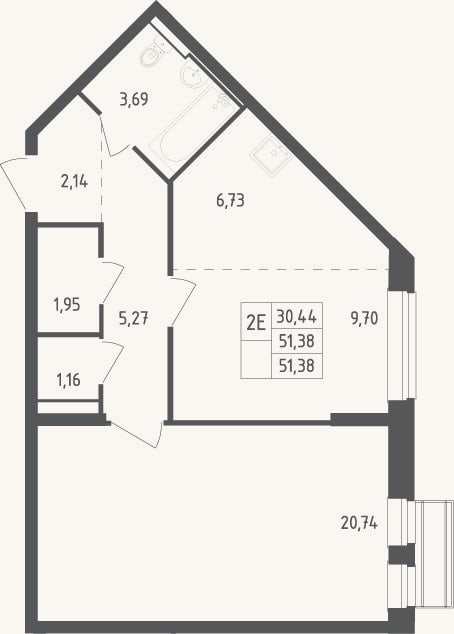 Планировка: 2-к, 51,4 м²