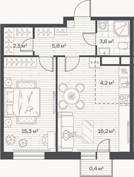 Планировка: 2-к, 47,6 м²