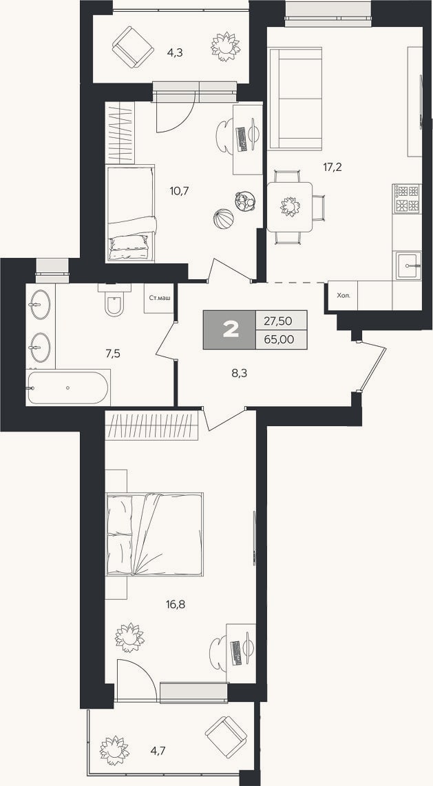 Планировка: 2-к, 60,5 м²