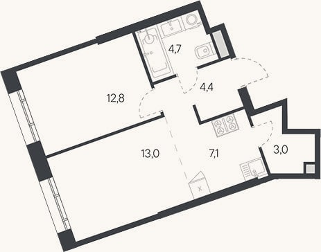 Планировка: 2-к, 45 м²