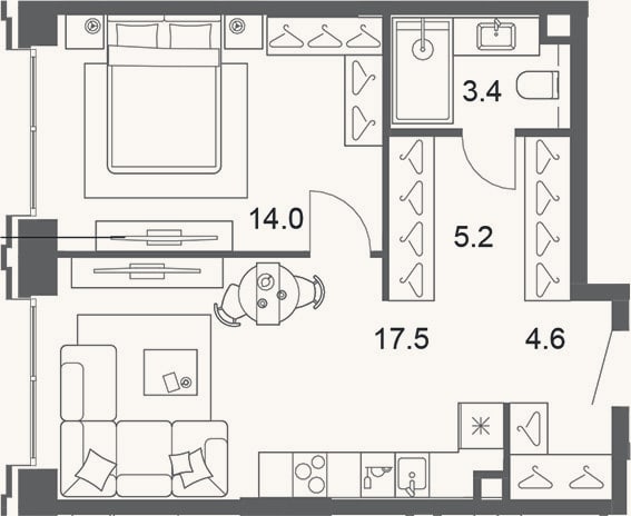 Планировка: 2-к, 44,6 м²