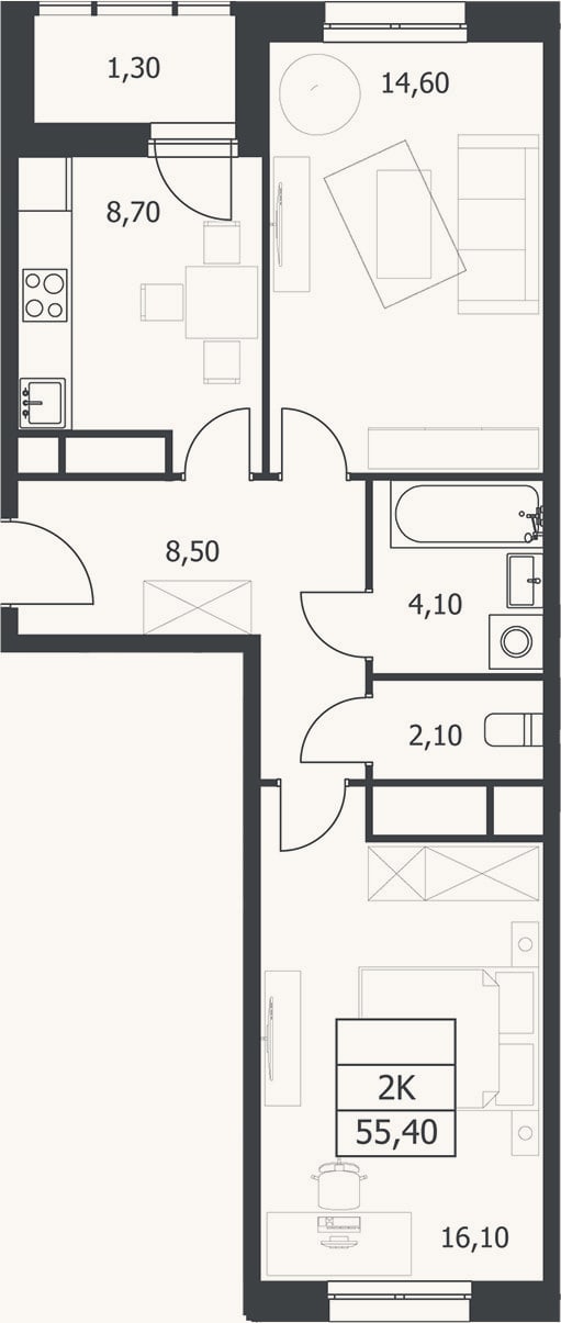 Планировка: 2-к, 54,1 м²