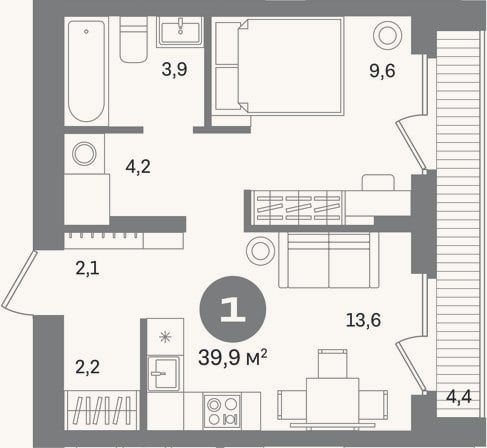 Планировка: 1-к, 35,5 м²