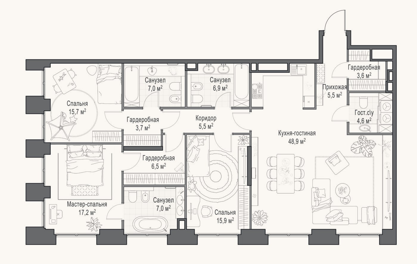 Планировка: 4+ к, 149 м²
