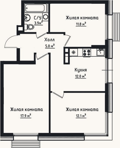 Планировка: 3-к, 62,7 м²