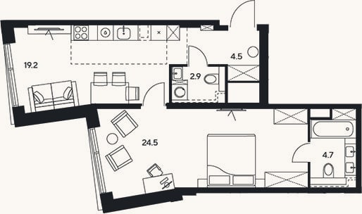 Планировка: 2-к, 55,8 м²