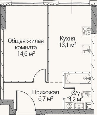 Планировка: 1-к, 38,6 м²