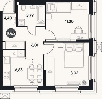 Планировка: 2-к, 45,4 м²