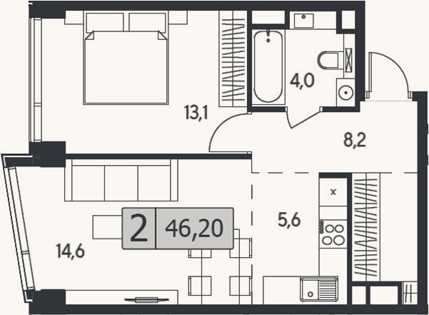 Планировка: 2-к, 46,2 м²