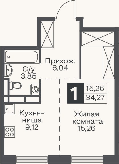 Планировка: Студия, 34,3 м²