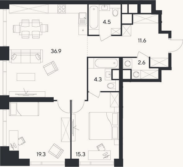 Планировка: 3-к, 94,5 м²