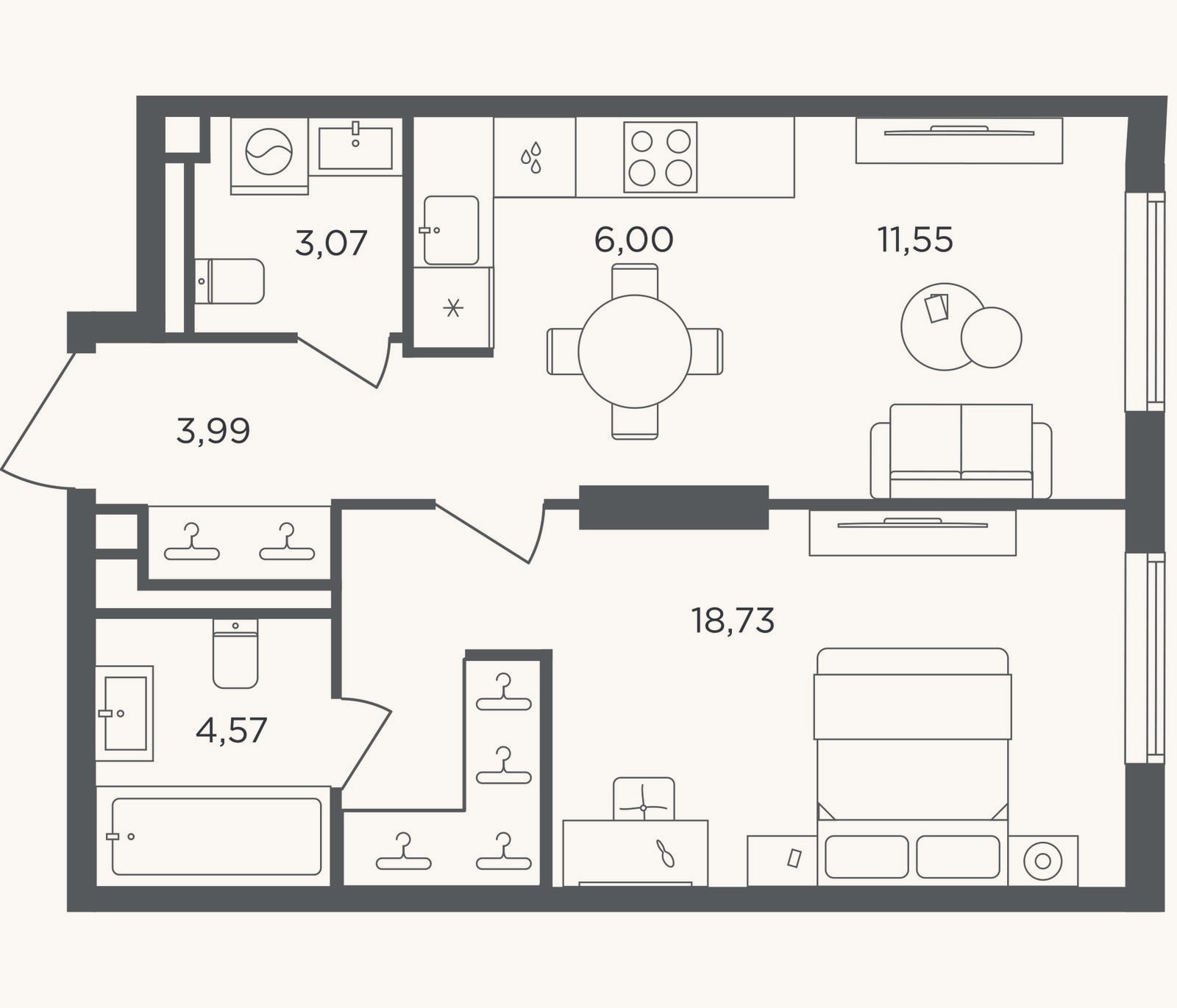 Планировка: 2-к, 47,9 м²