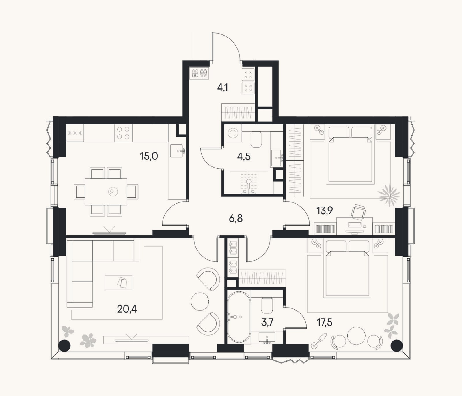 Планировка: 3-к, 85,9 м²