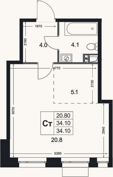 Планировка: Студия, 34,1 м²