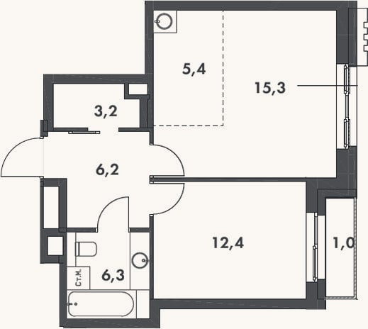 Планировка: 2-к, 48,8 м²