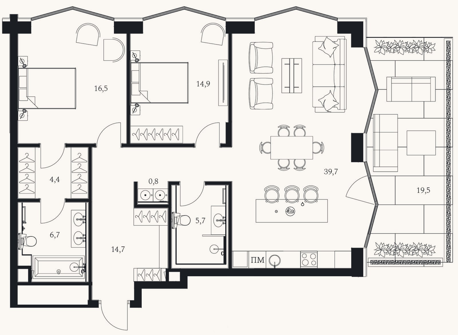Планировка: 3-к, 103,4 м²