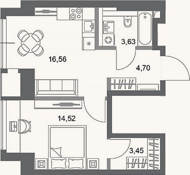 Планировка: 1-к, 42,9 м²