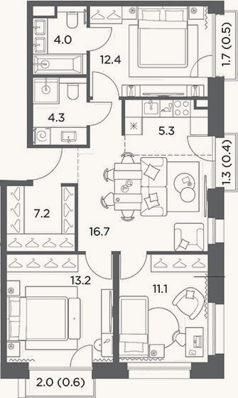 Планировка: 4+ к, 74,2 м²
