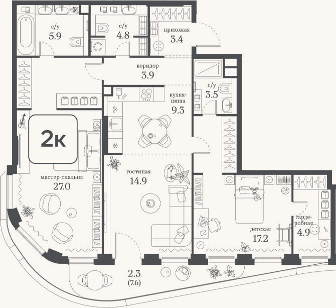 Планировка: 2-к, 94,8 м²