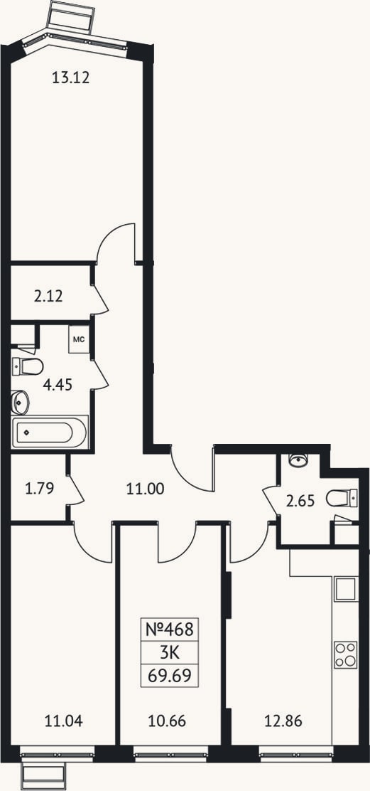 Планировка: 3-к, 69,7 м²