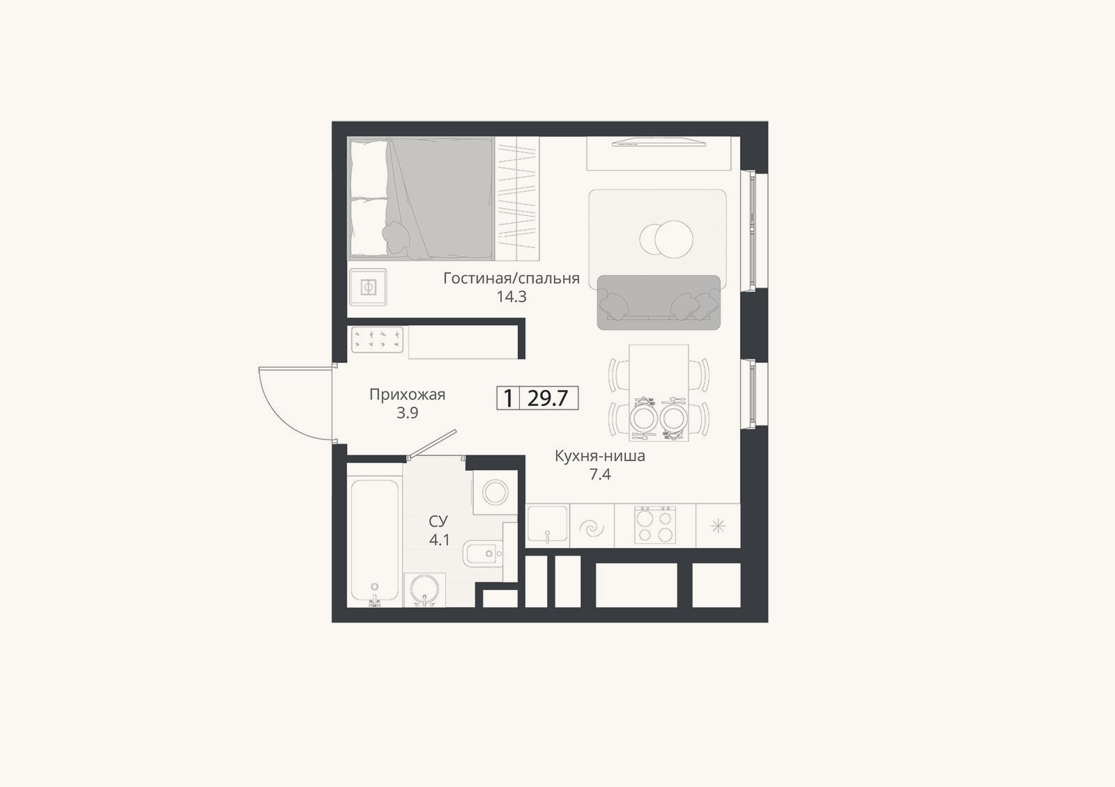 Планировка: Студия, 29,7 м²