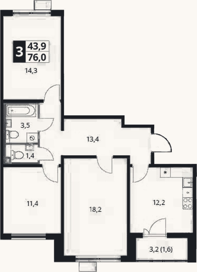 Планировка: 3-к, 74,4 м²