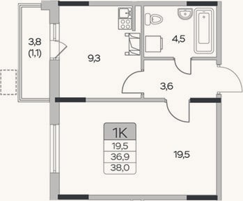 Планировка: 1-к, 36,9 м²