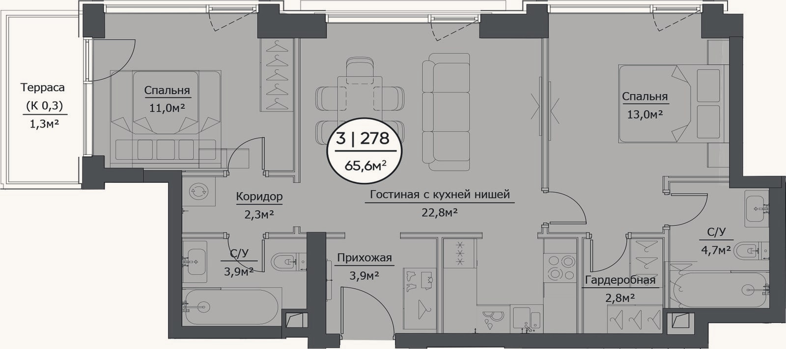 Планировка: 3-к, 64,4 м²