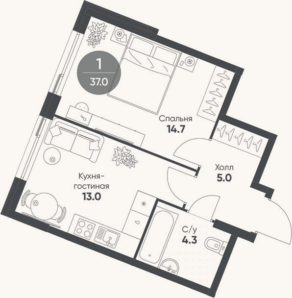 Планировка: 2-к, 37 м²