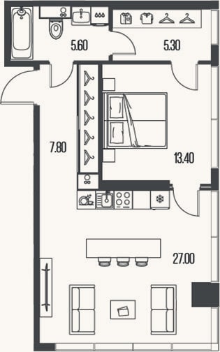 Планировка: 1-к, 59,1 м²