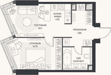 Планировка: 2-к, 46 м²