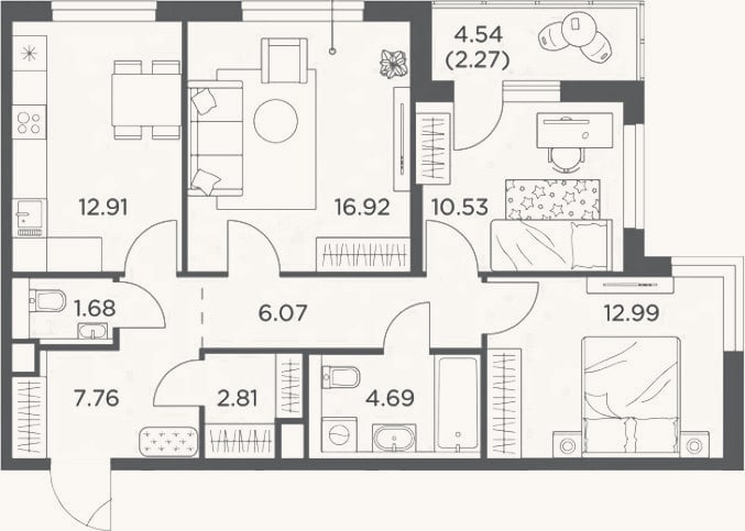 Планировка: 3-к, 76,4 м²