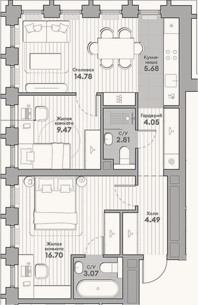 Планировка: 3-к, 61,1 м²