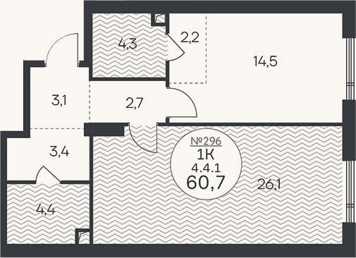 Планировка: 1-к, 60,7 м²