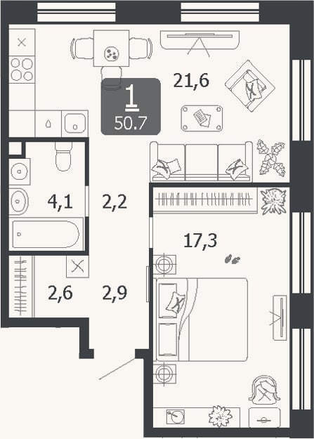 Планировка: 2-к, 50,7 м²