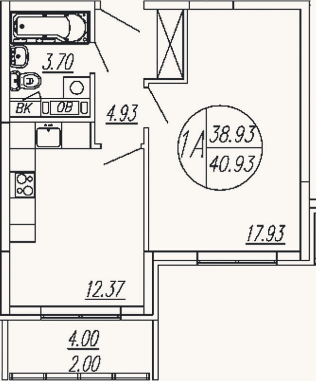 Планировка: 1-к, 38,9 м²