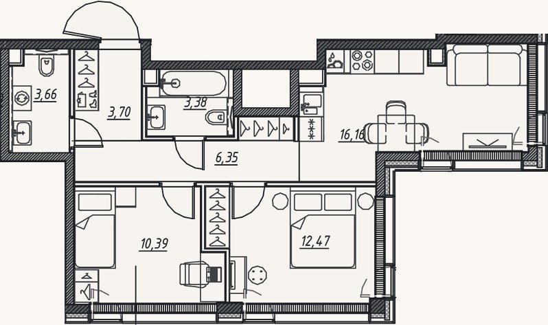 Планировка: 3-к, 56,3 м²