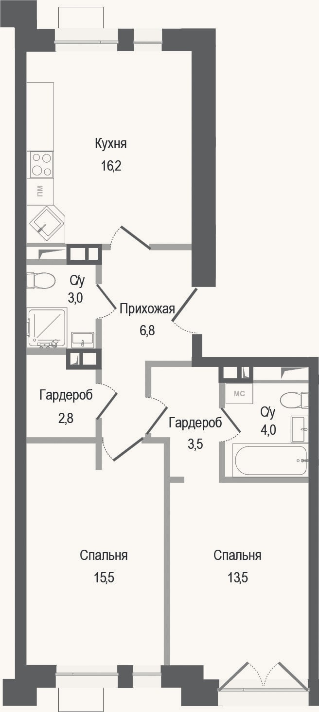Планировка: 2-к, 65,3 м²