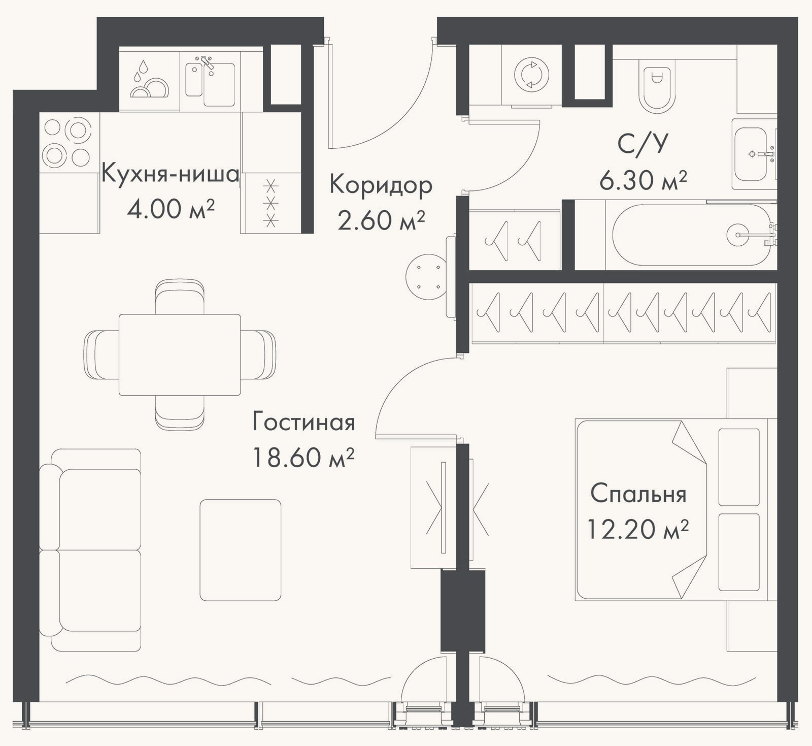 Планировка: 2-к, 43,7 м²