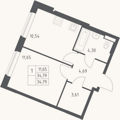 Планировка: 1-к, 34,8 м²