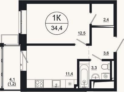 Планировка: 1-к, 33,2 м²